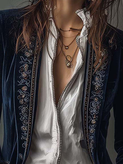Perrine™ | Casaco comprido vintage para mulher azul-marinho bordado
