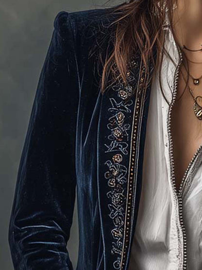 Perrine™ | Casaco comprido vintage para mulher azul-marinho bordado