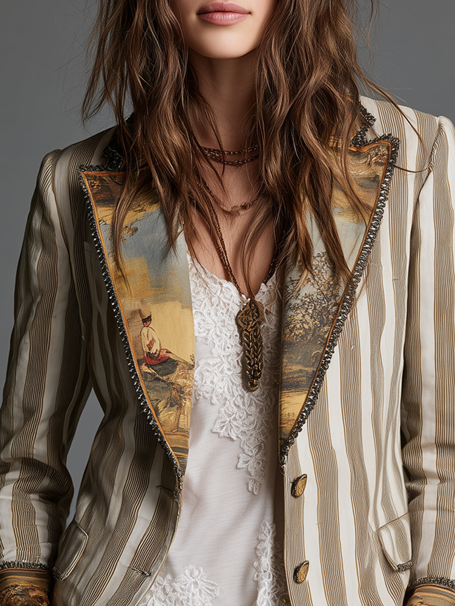 Maëlys™ | Blazer para mulher com lapelas e padrão às riscas boémio