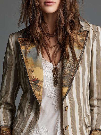 Maëlys™ | Blazer para mulher com lapelas e padrão às riscas boémio