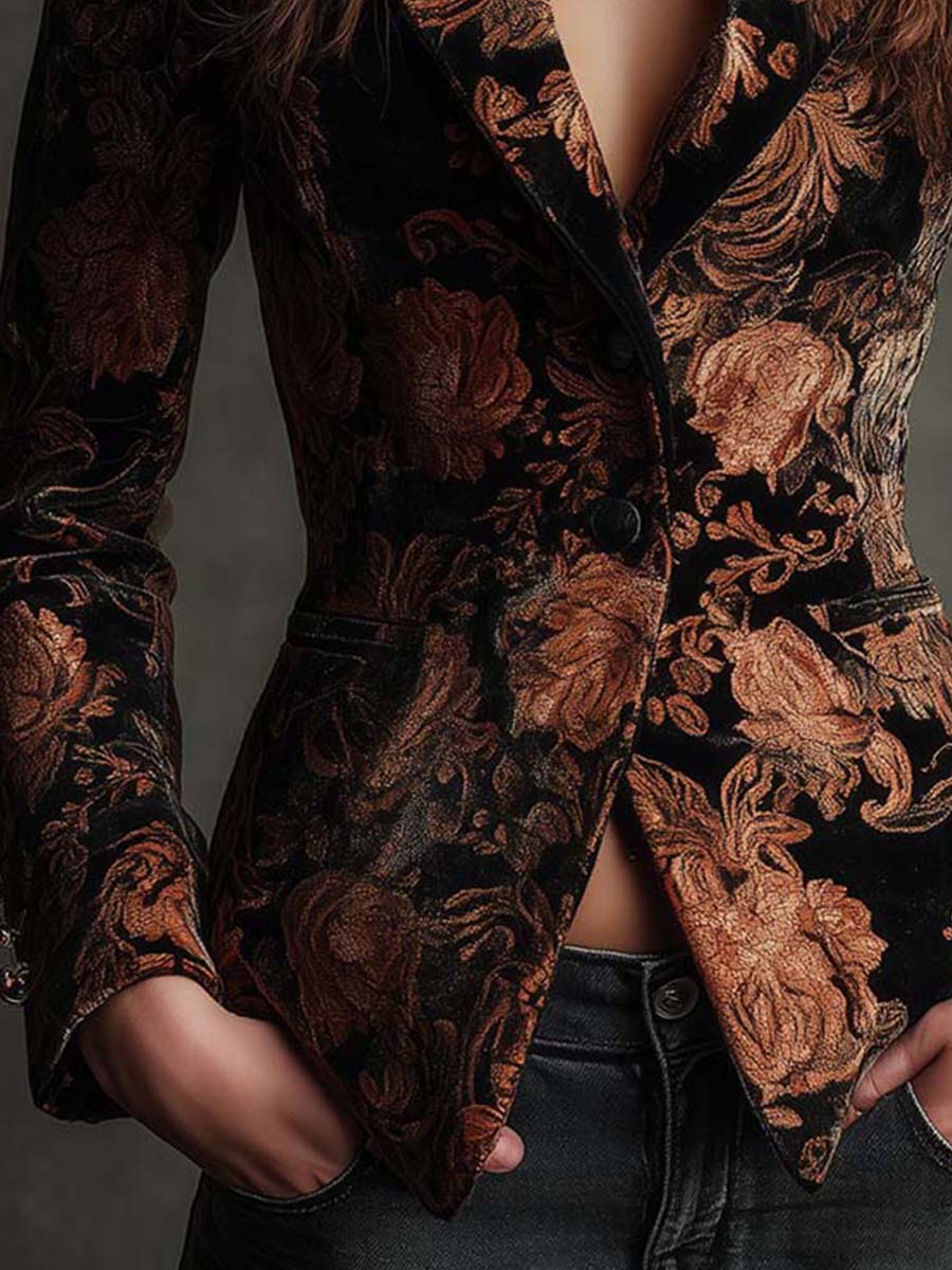 Clémentine™ | Blazer de corte de alfaiataria para mulher com padrão floral preto e bronze