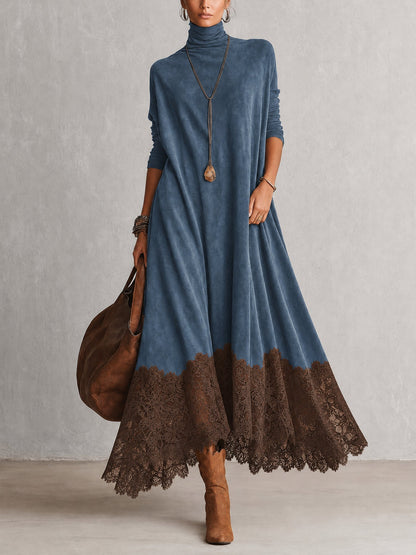 Brunella™ | Vestido Comprido Efeito Camurça com Bainha de Renda