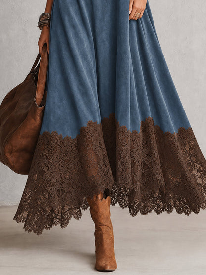 Brunella™ | Vestido Comprido Efeito Camurça com Bainha de Renda