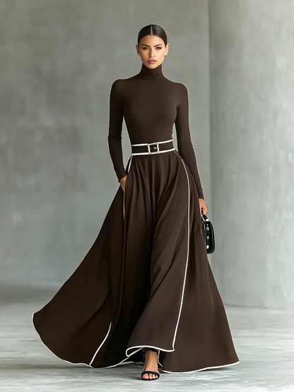 Gina™ | Vestido Comprido com Gola Alta, Pespontos Brancos e Cinto