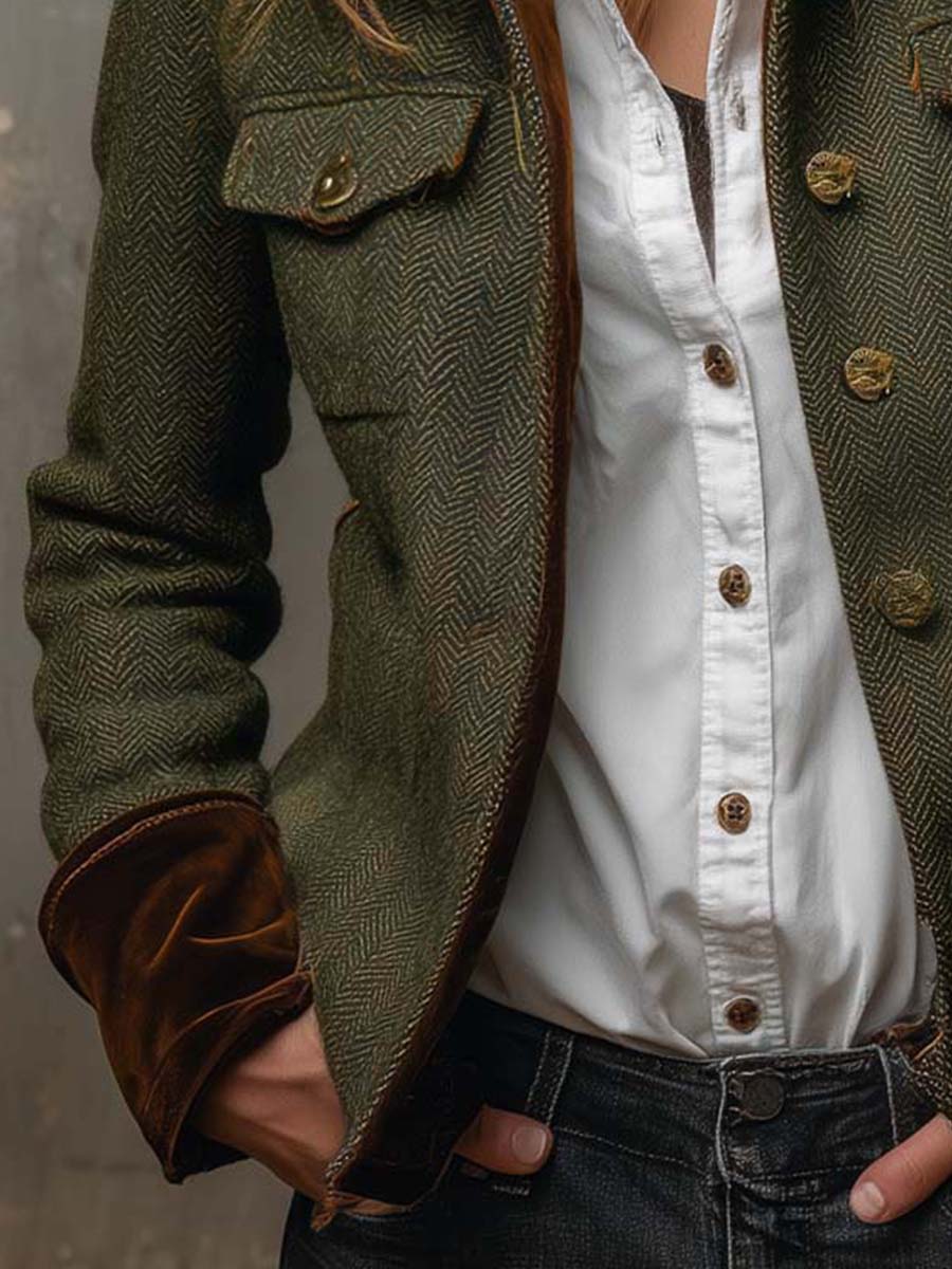 Ombeline™ | Blazer vintage para mulher com padrão espinhado e rebordos contrastantes