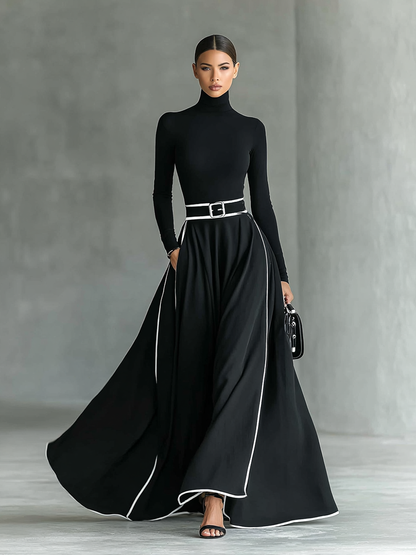 Gina™ | Vestido Comprido com Gola Alta, Pespontos Brancos e Cinto