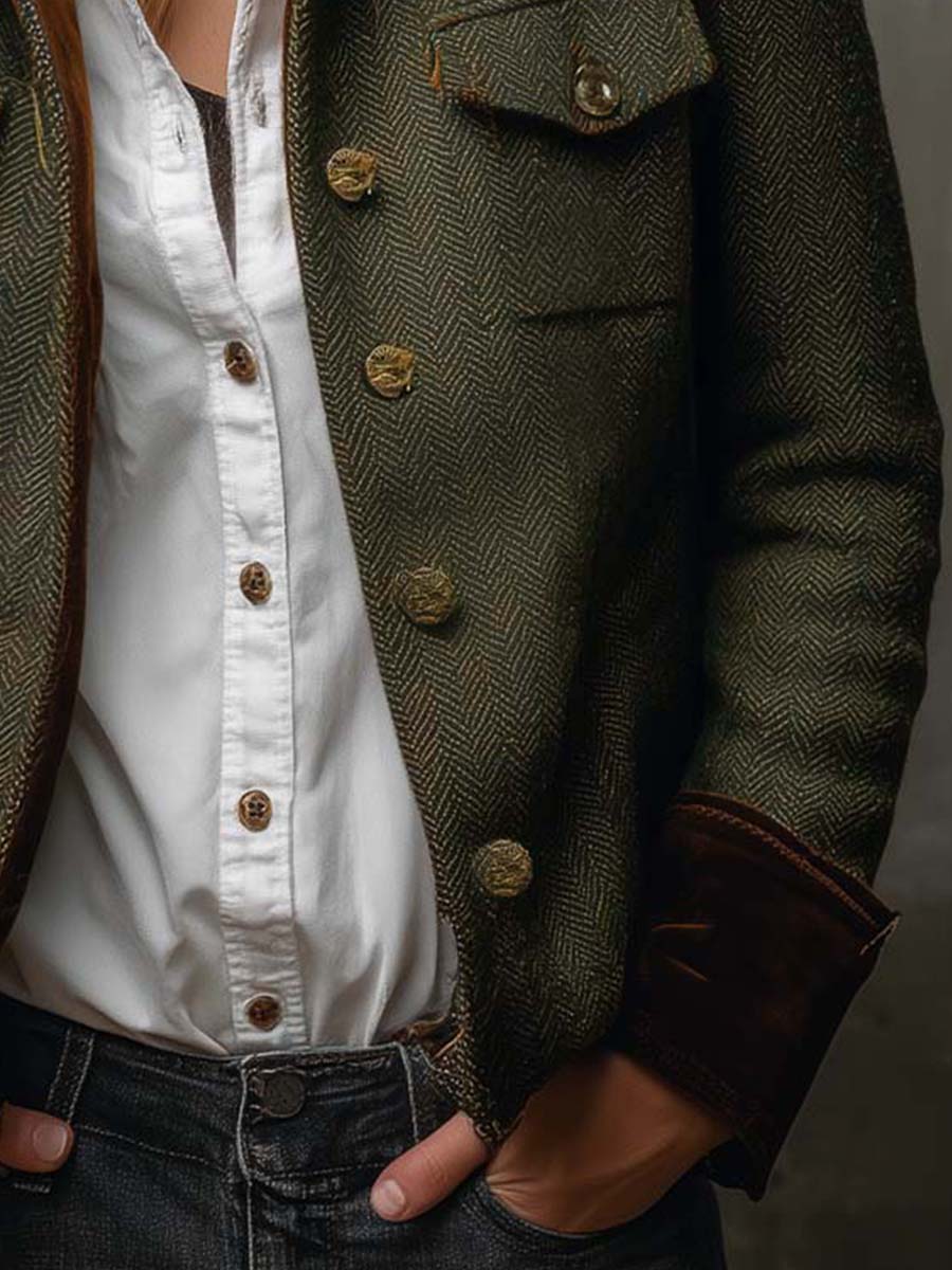 Ombeline™ | Blazer vintage para mulher com padrão espinhado e rebordos contrastantes