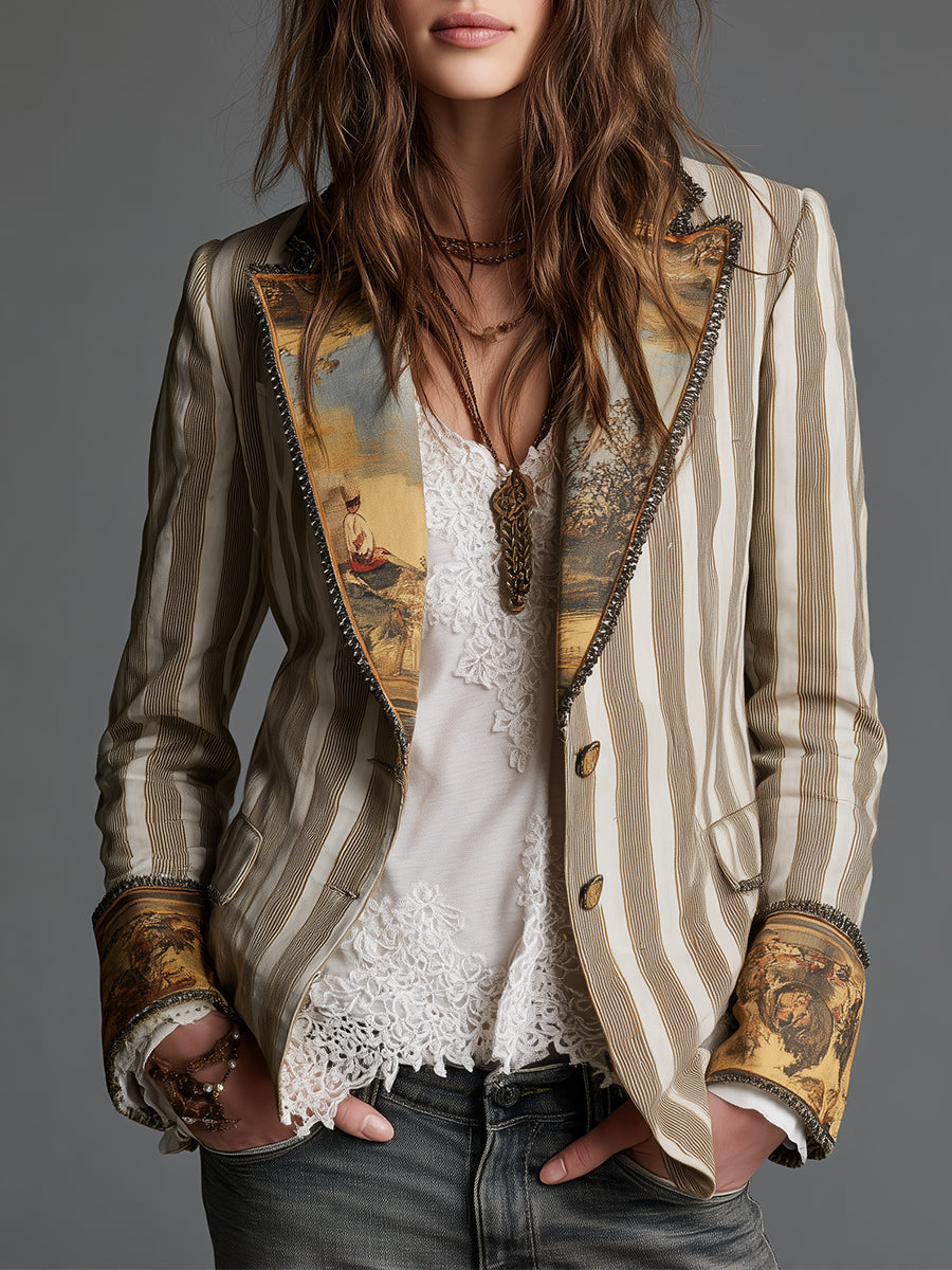Maëlys™ | Blazer para mulher com lapelas e padrão às riscas boémio