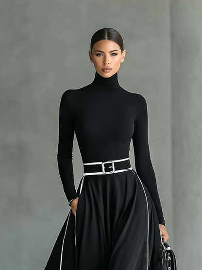Gina™ | Vestido Comprido com Gola Alta, Pespontos Brancos e Cinto