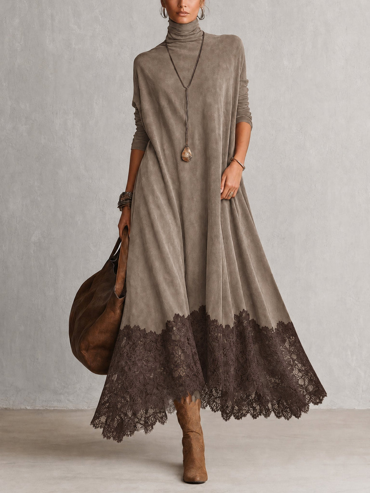 Brunella™ | Vestido Comprido Efeito Camurça com Bainha de Renda