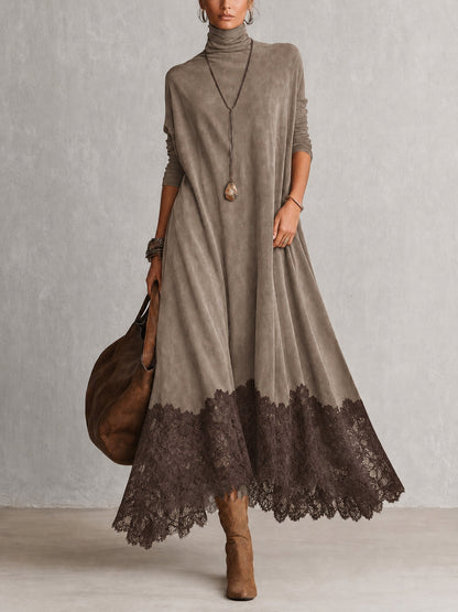 Brunella™ | Vestido Comprido Efeito Camurça com Bainha de Renda