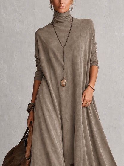 Brunella™ | Vestido Comprido Efeito Camurça com Bainha de Renda