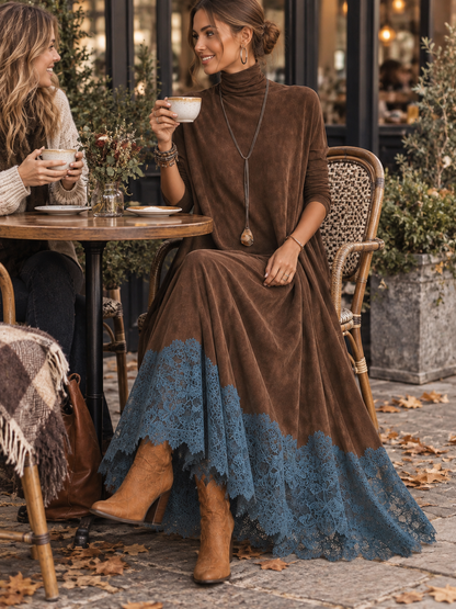 Brunella™ | Vestido Comprido Efeito Camurça com Bainha de Renda