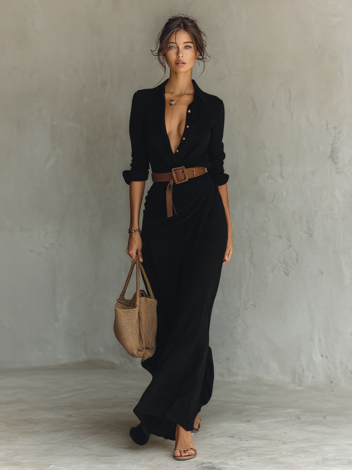 Alina™ | Vestido Comprido Camiseiro com Gola de Lapela e Cinto