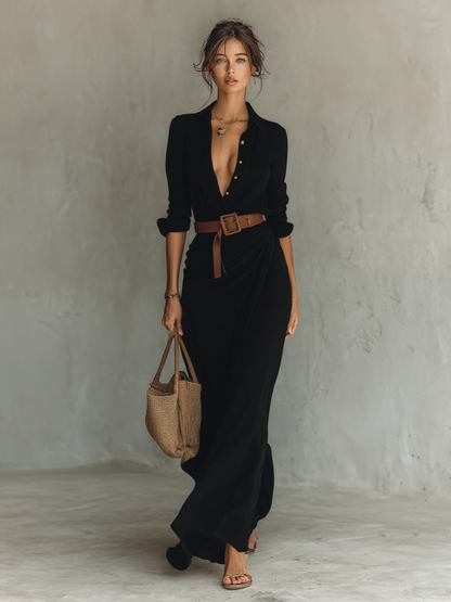 Alina™ | Vestido Comprido Camiseiro com Gola de Lapela e Cinto