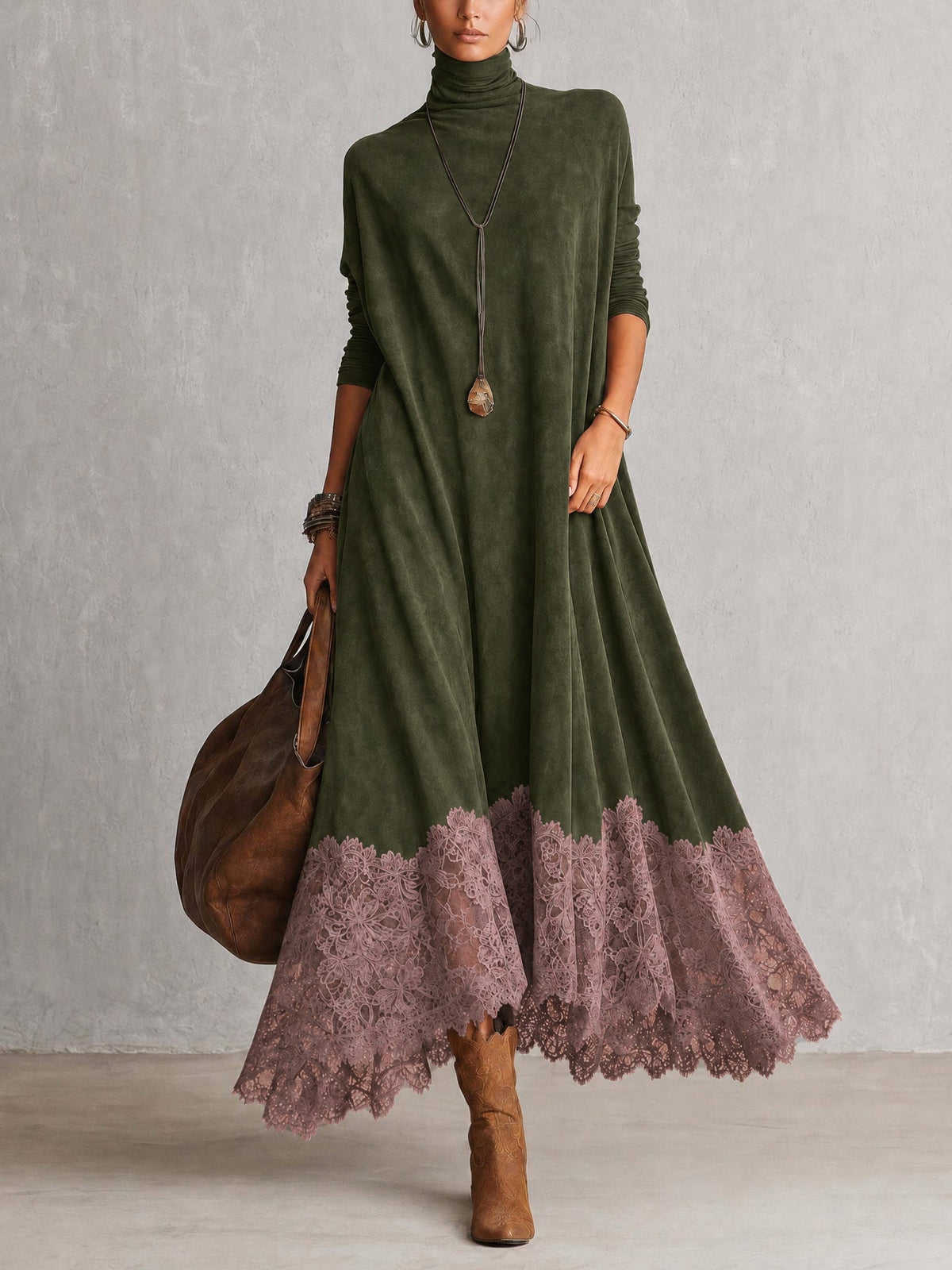 Brunella™ | Vestido Comprido Efeito Camurça com Bainha de Renda