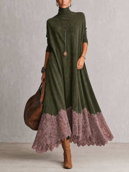 Brunella™ | Vestido Comprido Efeito Camurça com Bainha de Renda