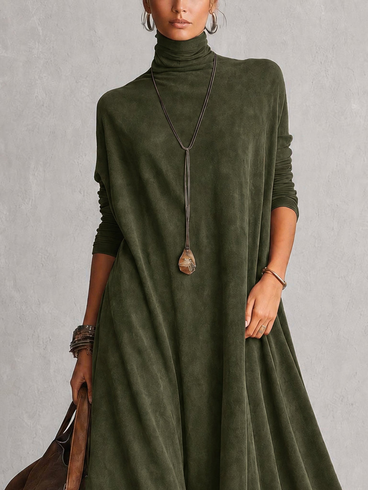 Brunella™ | Vestido Comprido Efeito Camurça com Bainha de Renda