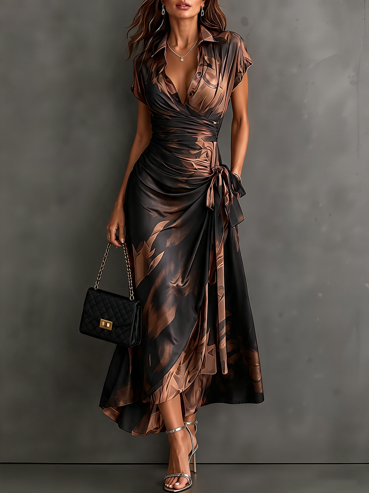 Rita™ | Vestido Midi Cruzado com Estampado Abstrato Castanho e Preto