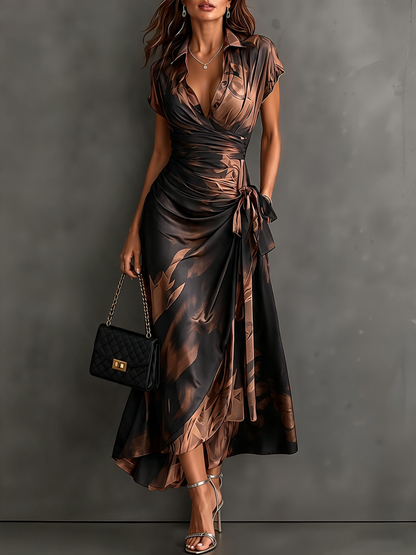 Rita™ | Vestido Midi Cruzado com Estampado Abstrato Castanho e Preto