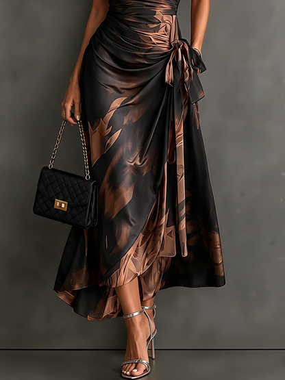 Rita™ | Vestido Midi Cruzado com Estampado Abstrato Castanho e Preto