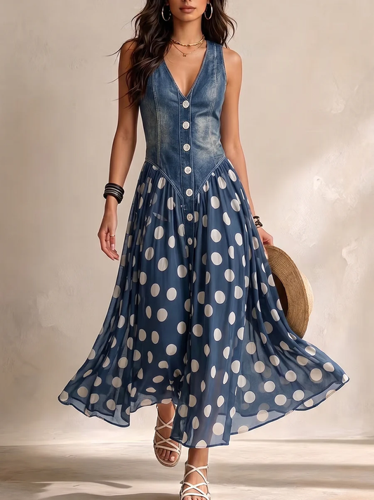 Benedita™ | Vestido Comprido Efeito Ganga com Bolinhas