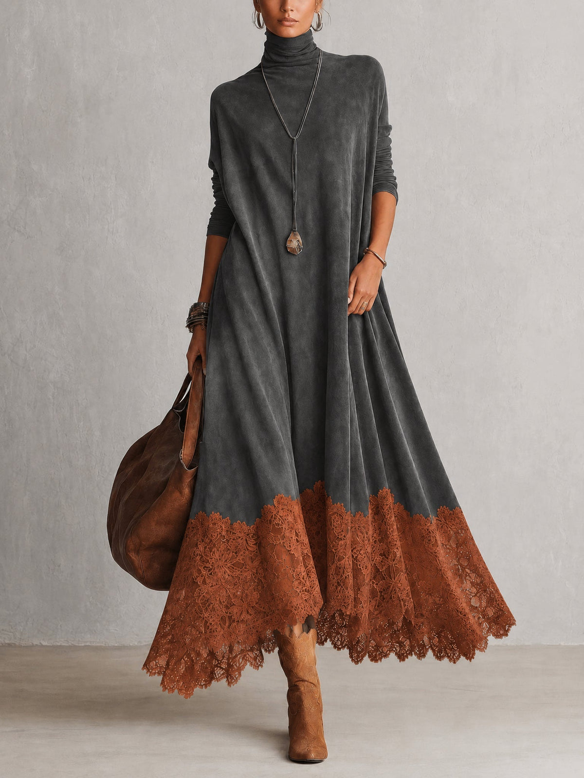 Brunella™ | Vestido Comprido Efeito Camurça com Bainha de Renda