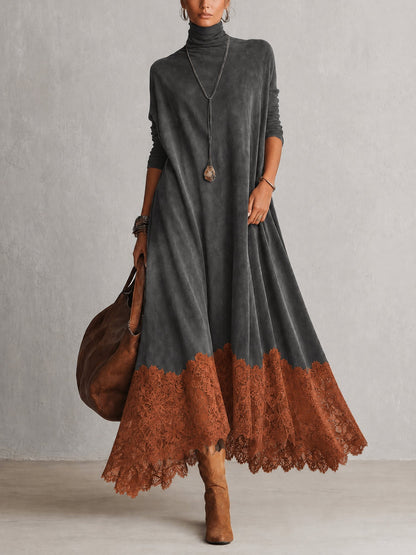 Brunella™ | Vestido Comprido Efeito Camurça com Bainha de Renda