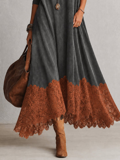 Brunella™ | Vestido Comprido Efeito Camurça com Bainha de Renda