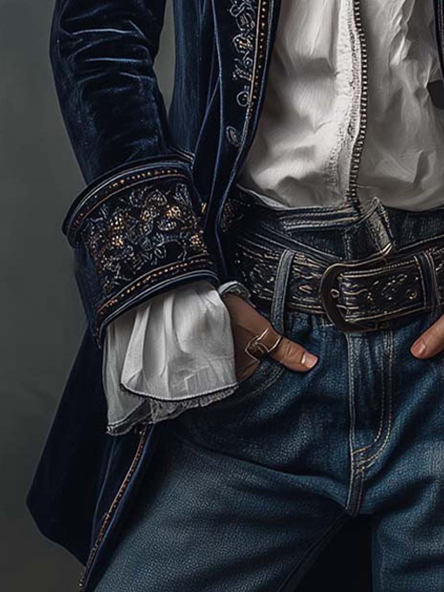 Perrine™ | Casaco comprido vintage para mulher azul-marinho bordado