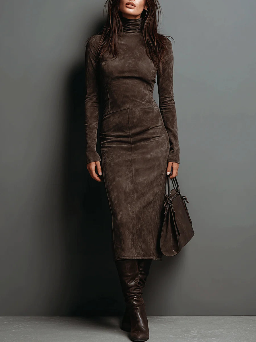 Lorène™ | Vestido Midi Castanho Efeito Camurça