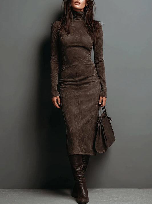 Lorène™ | Vestido Midi Castanho Efeito Camurça