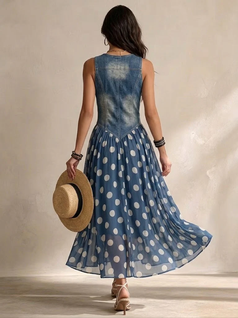 Benedita™ | Vestido Comprido Efeito Ganga com Bolinhas