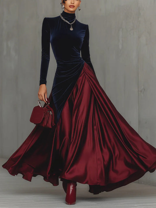 Lucrèce™ | Vestido Comprido Bicolor de Veludo e Cetim