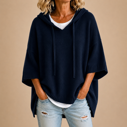 Mirella™ | Poncho de Malha com Capuz e Manga Três Quartos