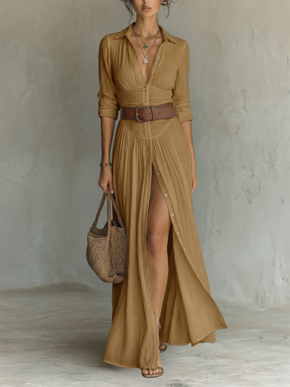 Matilde™ | Vestido Comprido de Algodão e Linho com Gola