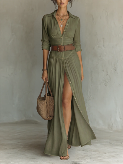 Matilde™ | Vestido Comprido de Algodão e Linho com Gola