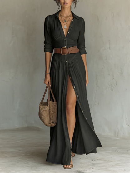 Matilde™ | Vestido Comprido de Algodão e Linho com Gola