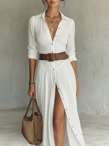 Matilde™ | Vestido Comprido de Algodão e Linho com Gola