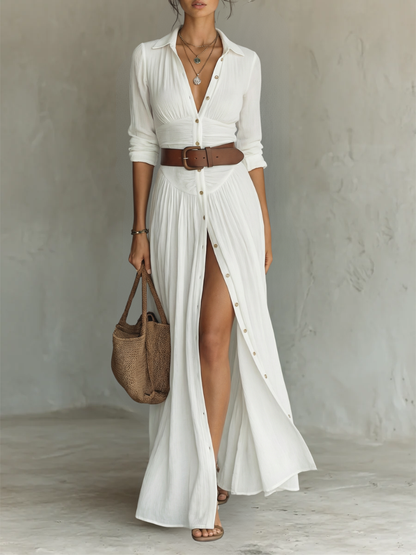 Matilde™ | Vestido Comprido de Algodão e Linho com Gola