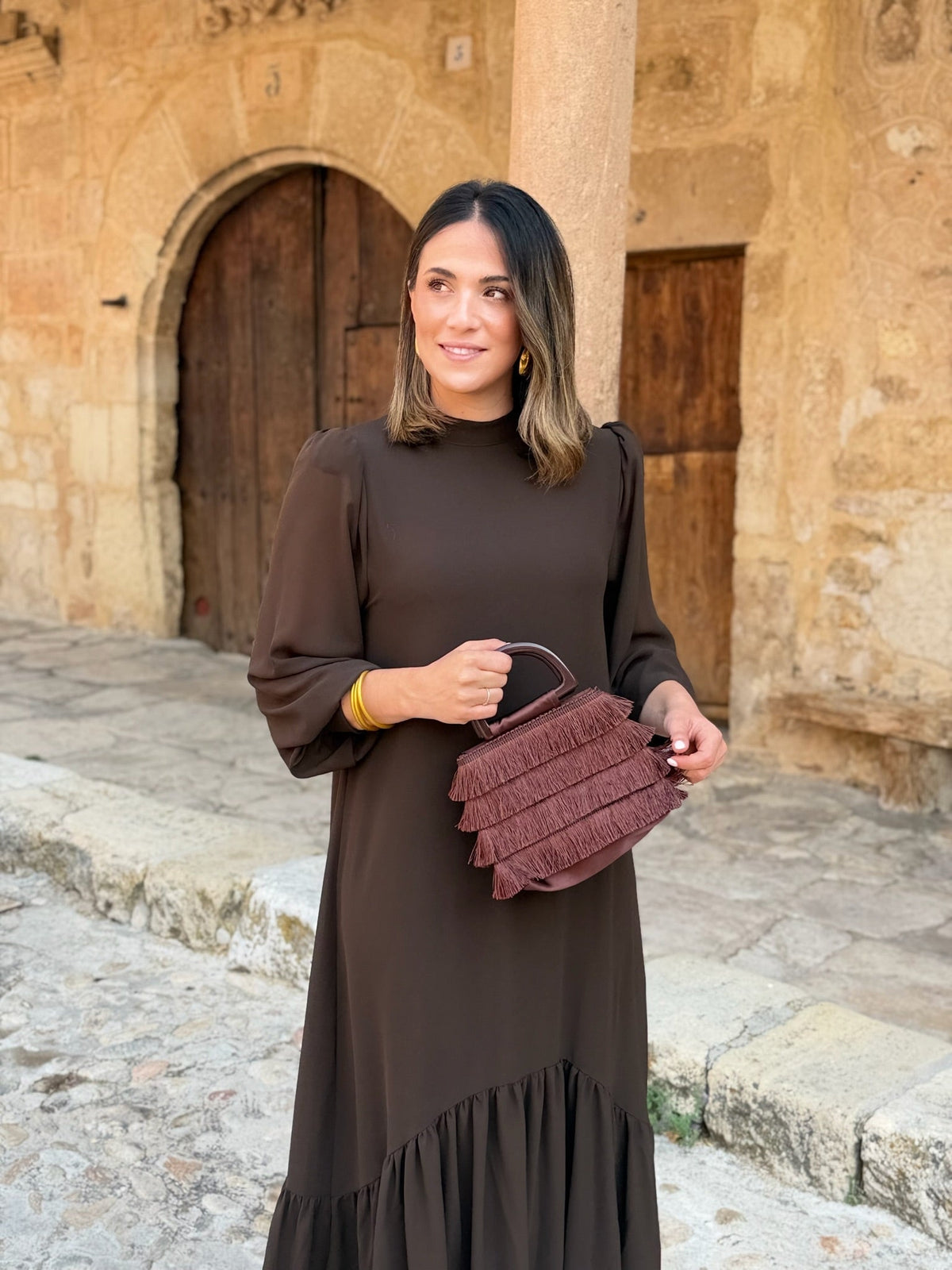 Oriane™ | Vestido em musselina lisa castanha