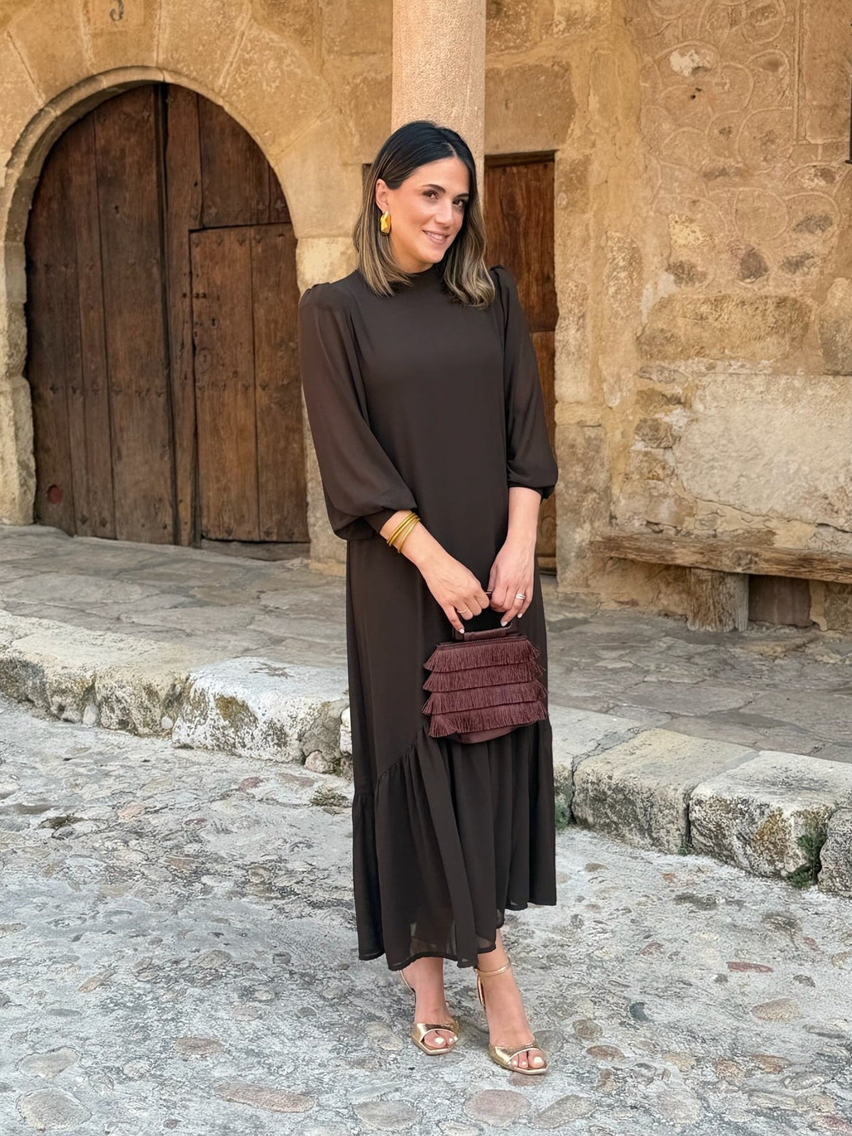 Oriane™ | Vestido em musselina lisa castanha