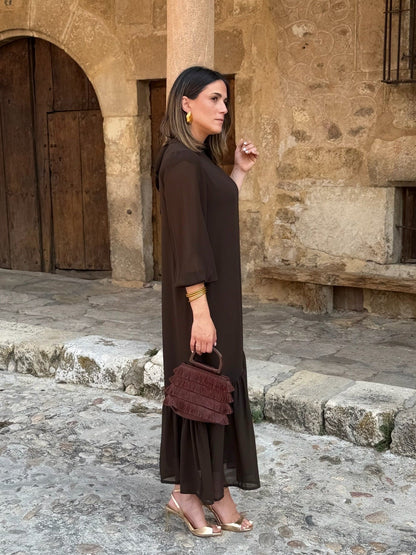 Oriane™ | Vestido em musselina lisa castanha