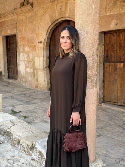 Oriane™ | Vestido em musselina lisa castanha