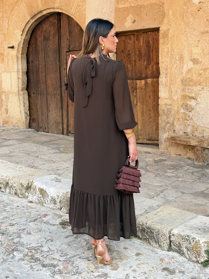 Oriane™ | Vestido em musselina lisa castanha