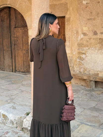 Oriane™ | Vestido em musselina lisa castanha