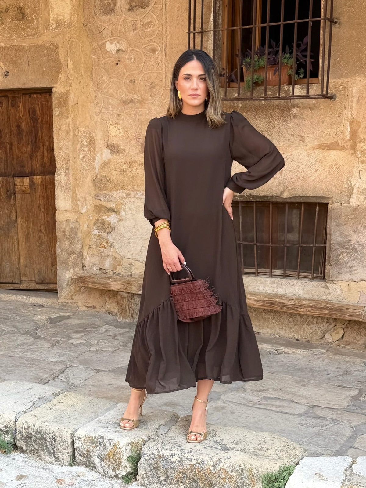 Oriane™ | Vestido em musselina lisa castanha