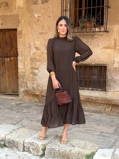 Oriane™ | Vestido em musselina lisa castanha