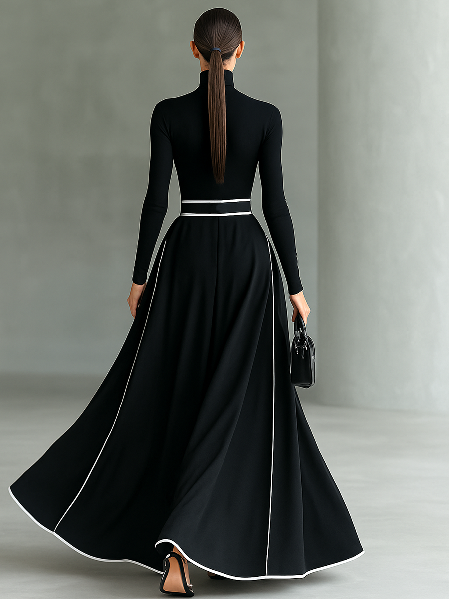 Gina™ | Vestido Comprido com Gola Alta, Pespontos Brancos e Cinto