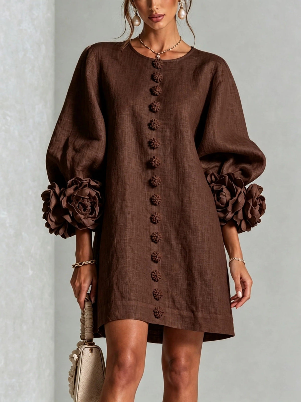 Madalena™ | Vestido Floral com Mangas Balão e Decote Redondo